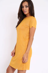 Mustard Mesh Overlay T-Shirt Dress - Selena-Dresses