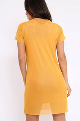 Mustard Mesh Overlay T-Shirt Dress - Selena-Dresses