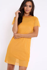 Mustard Mesh Overlay T-Shirt Dress - Selena-Dresses