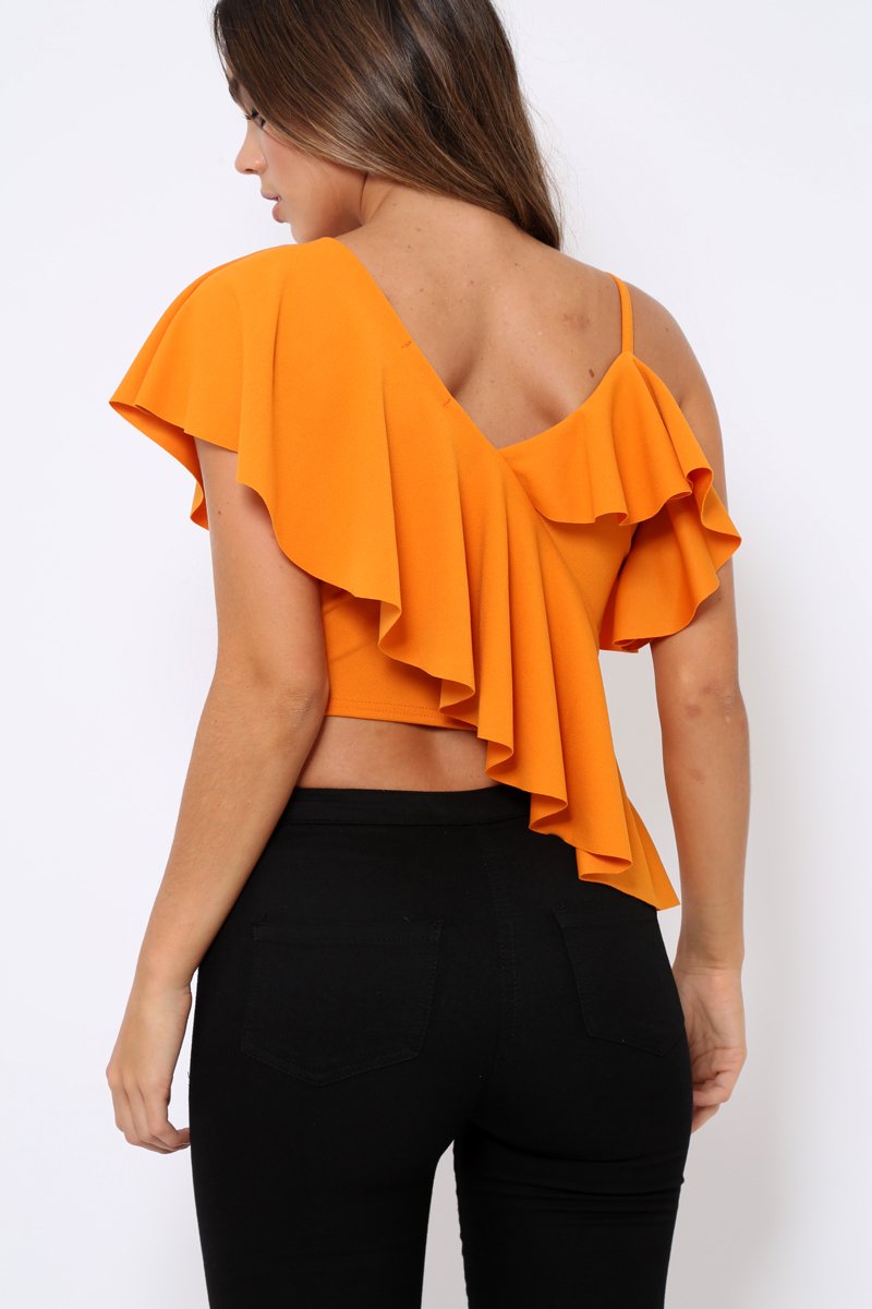 Mustard One Shouldered Frill Top - Maysa-Tops