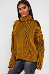 Mustard Ottoman Rib Roll Neck Jumper - Renee-Jumper
