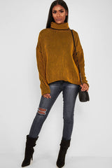 Mustard Ottoman Rib Roll Neck Jumper - Renee-Jumper