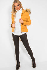 Mustard Padded Coat with Fur Trim Hood - Helena-Coats