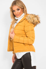 Mustard Padded Coat with Fur Trim Hood - Helena-Coats