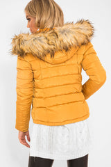 Mustard Padded Coat with Fur Trim Hood - Helena-Coats