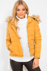 Mustard Padded Coat with Fur Trim Hood - Helena-Coats