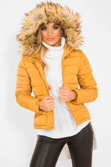 Mustard Padded Coat with Fur Trim Hood - Helena-Coats