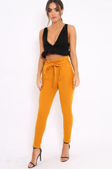 Mustard Paper Bag Tie Waist Cigarette Trousers - Karmen-Trousers