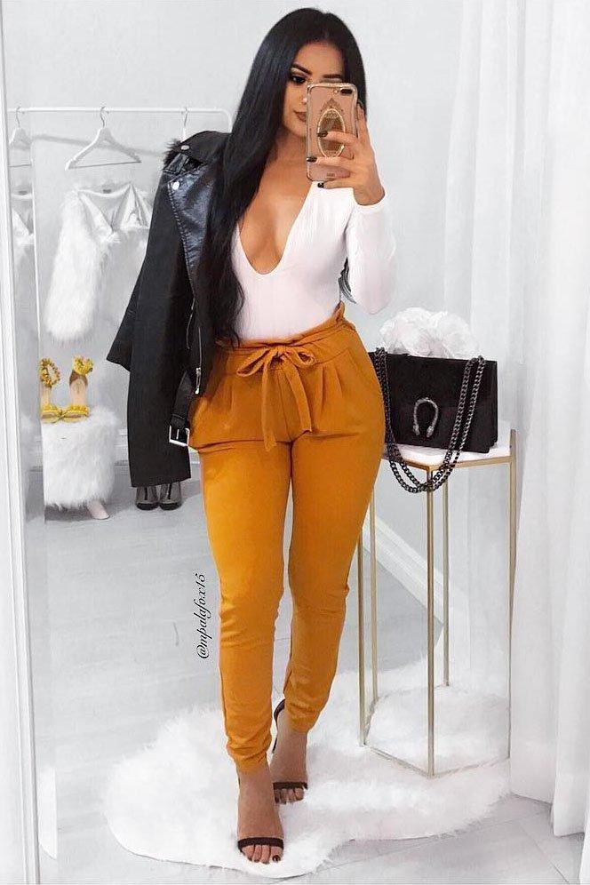 Mustard Paper Bag Tie Waist Cigarette Trousers - Karmen-Trousers