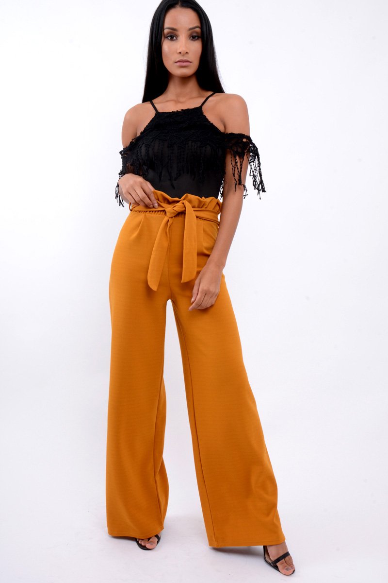 Mustard Paper Bag Tie Waist Wide Leg Trousers - Kennedy-Trousers