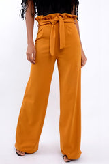 Mustard Paper Bag Tie Waist Wide Leg Trousers - Kennedy-Trousers