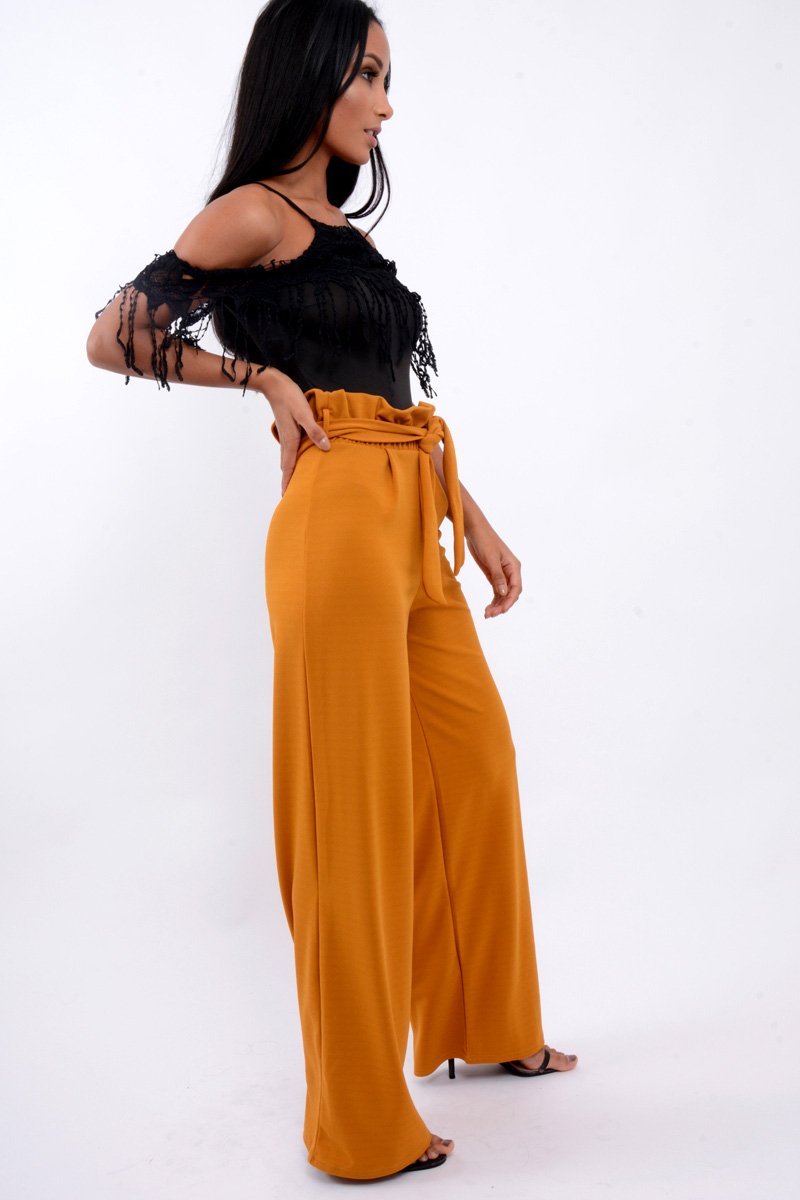 Mustard Paper Bag Tie Waist Wide Leg Trousers - Kennedy-Trousers