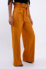 Mustard Paper Bag Tie Waist Wide Leg Trousers - Kennedy-Trousers