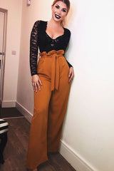 Mustard Paper Bag Tie Waist Wide Leg Trousers - Kennedy-Trousers