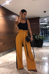 Mustard Paper Bag Tie Waist Wide Leg Trousers With Black Stripe - Kennedy-Trousers