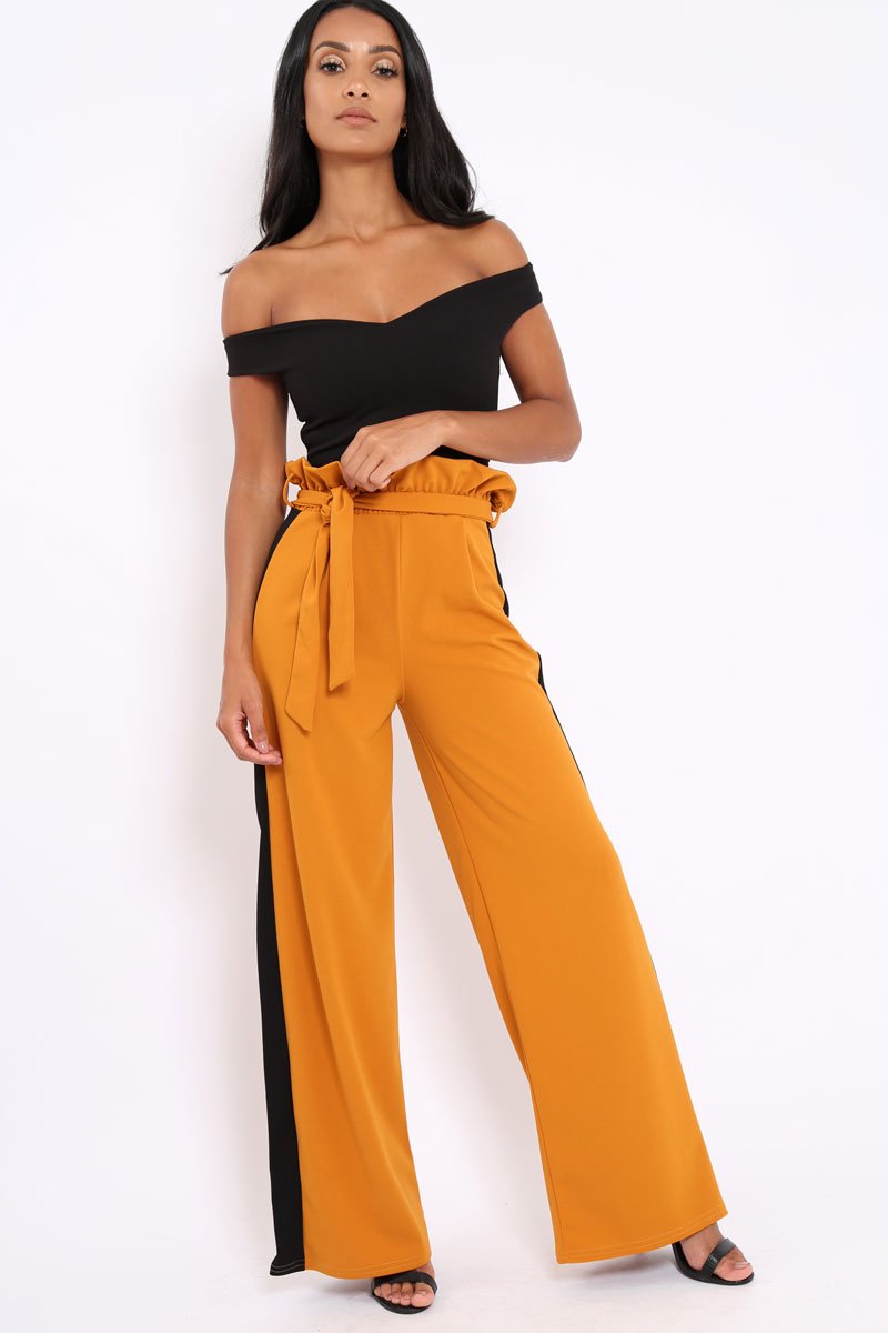 Mustard Paper Bag Tie Waist Wide Leg Trousers With Black Stripe - Kennedy-Trousers