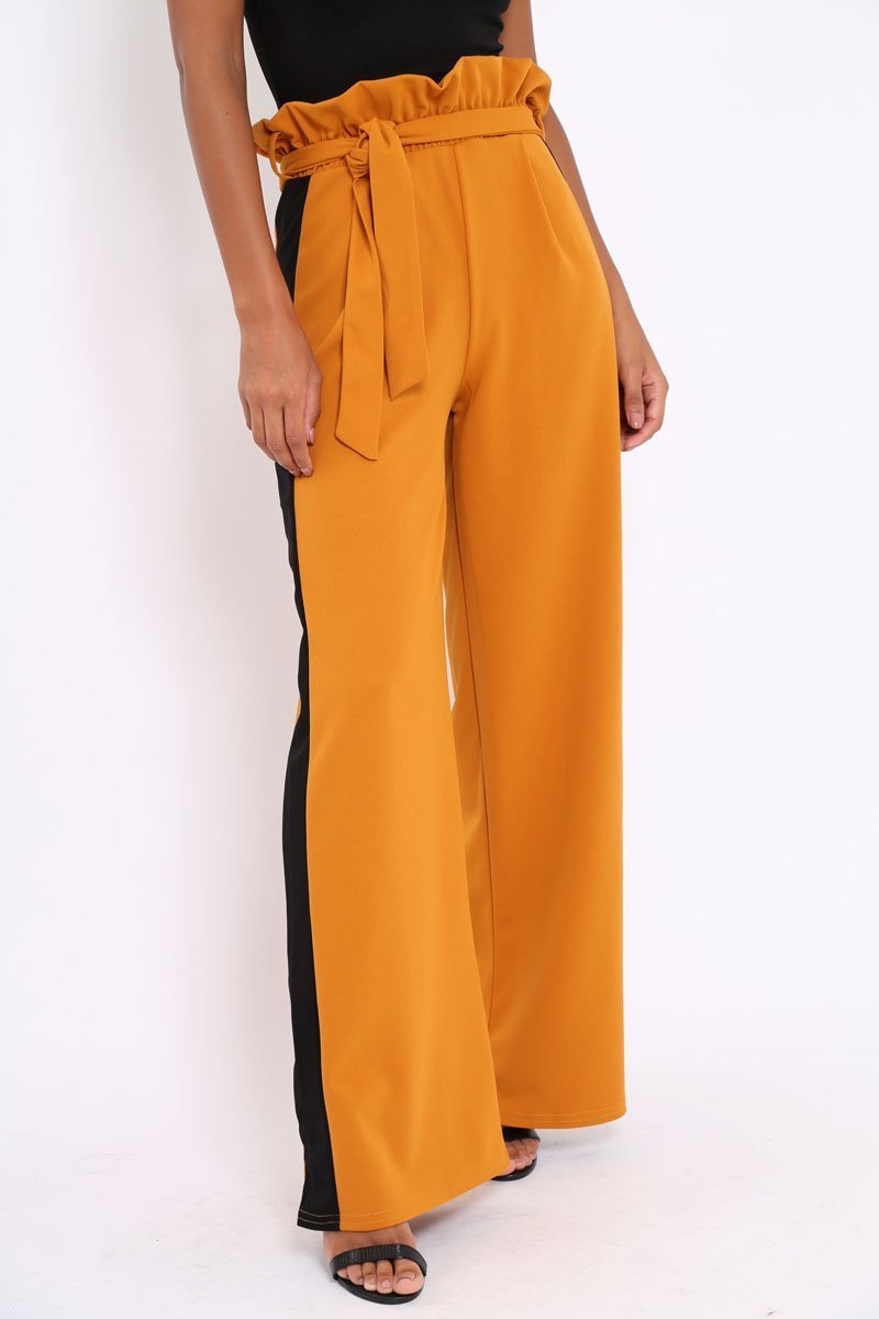 Mustard Paper Bag Tie Waist Wide Leg Trousers With Black Stripe - Kennedy-Trousers
