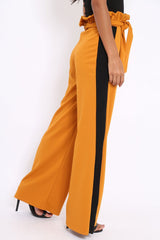 Mustard Paper Bag Tie Waist Wide Leg Trousers With Black Stripe - Kennedy-Trousers