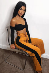 Mustard Paper Bag Tie Waist Wide Leg Trousers With Black Stripe - Kennedy-Trousers