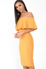 Mustard Pinstripe Frill Bardot Bodycon Midi Dress -Jovey-Dresses