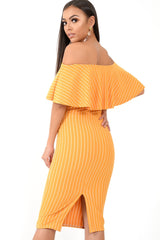 Mustard Pinstripe Frill Bardot Bodycon Midi Dress -Jovey-Dresses