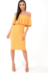 Mustard Pinstripe Frill Bardot Bodycon Midi Dress -Jovey-Dresses
