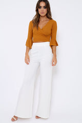 Mustard Plunge Bell Sleeve Crop Top - Merla-Crop Tops