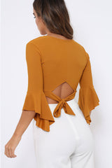 Mustard Plunge Bell Sleeve Crop Top - Merla-Crop Tops