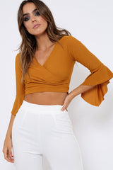 Mustard Plunge Bell Sleeve Crop Top - Merla-Crop Tops