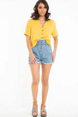 Mustard Plunge Button Up Crop Blouse - Merina-Blouse