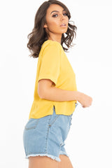 Mustard Plunge Button Up Crop Blouse - Merina-Blouse