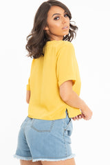 Mustard Plunge Button Up Crop Blouse - Merina-Blouse