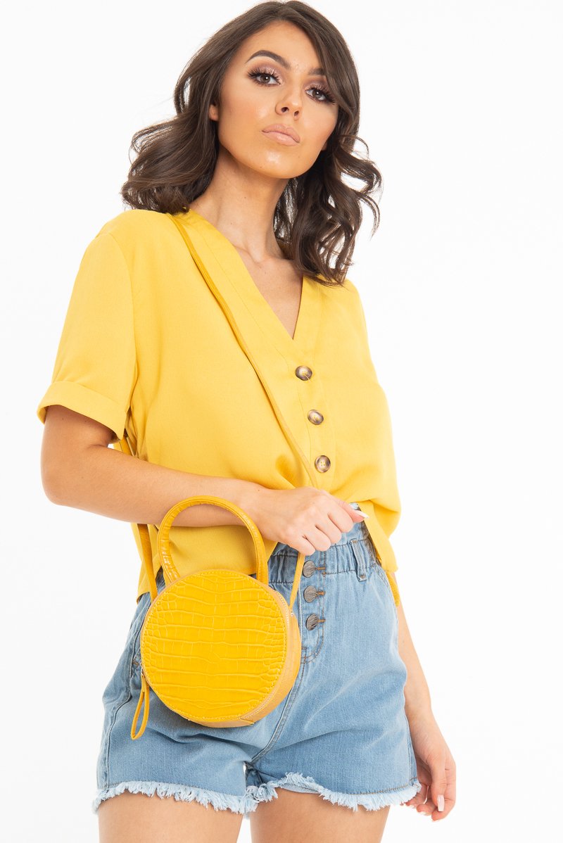 Mustard Plunge Button Up Crop Blouse - Merina-Blouse