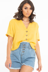 Mustard Plunge Button Up Crop Blouse - Merina-Blouse