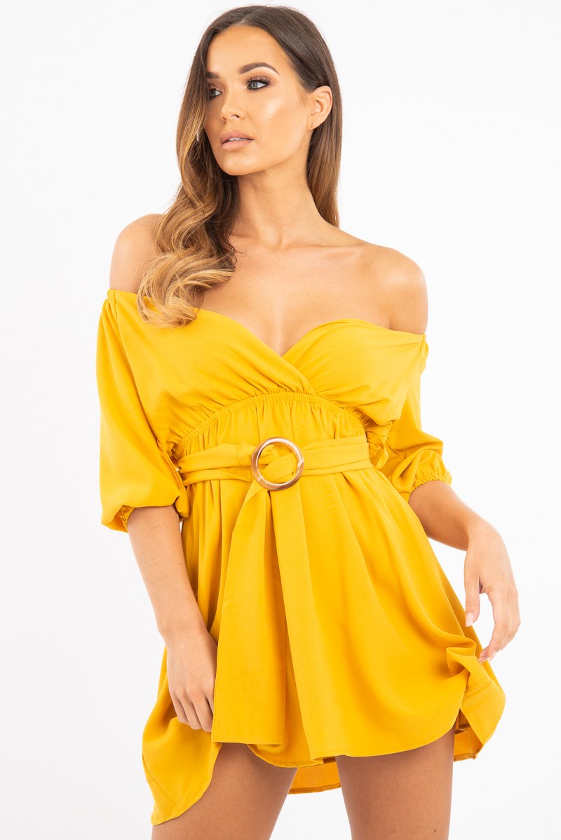 Mustard Plunge Crepe Belted Dress - Baily-Dresses