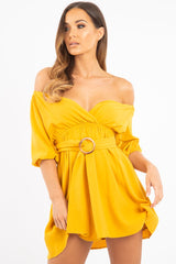 Mustard Plunge Crepe Belted Dress - Baily-Dresses