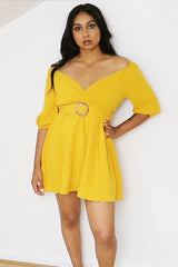 Mustard Plunge Crepe Belted Dress - Baily-Dresses
