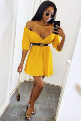 Mustard Plunge Crepe Belted Dress - Baily-Dresses