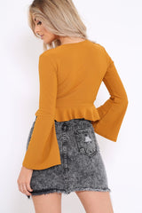 Mustard Plunge Flare Sleeve Crop Top with Frill Hem - Masie-Crop Tops