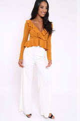 Mustard Plunge Frill Wrap Tie Front Top - Rebecca-Tops