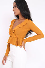 Mustard Plunge Frill Wrap Tie Front Top - Rebecca-Tops