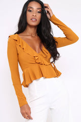 Mustard Plunge Frill Wrap Tie Front Top - Rebecca-Tops