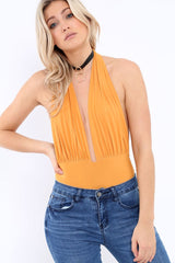 Mustard Plunge Halterneck Bodysuit - Lona-Bodysuits
