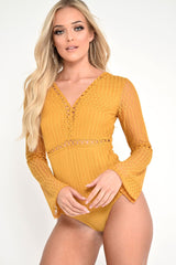 Mustard Plunge Lace Crochet Long Sleeved Bodysuit - Edyn-Bodysuits