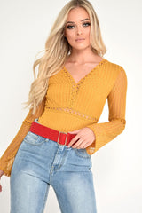 Mustard Plunge Lace Crochet Long Sleeved Bodysuit - Edyn-Bodysuits