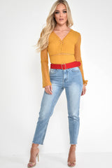 Mustard Plunge Lace Crochet Long Sleeved Bodysuit - Edyn-Bodysuits