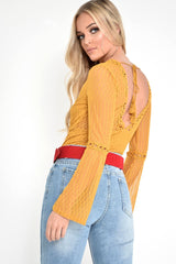 Mustard Plunge Lace Crochet Long Sleeved Bodysuit - Edyn-Bodysuits