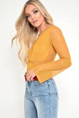 Mustard Plunge Lace Crochet Long Sleeved Bodysuit - Edyn-Bodysuits