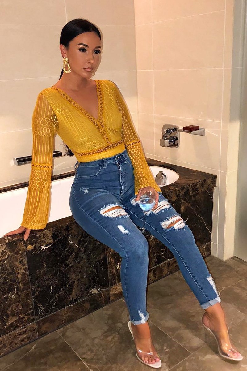 Mustard Plunge Lace Crochet Long Sleeved Bodysuit - Edyn-Bodysuits
