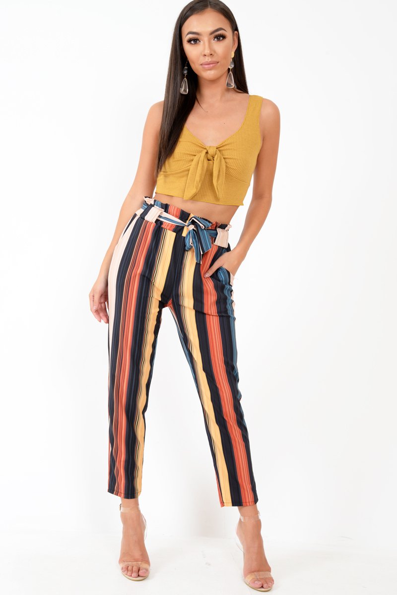 Mustard Plunge Rib Tie Front Crop Cami - Navira-Tops
